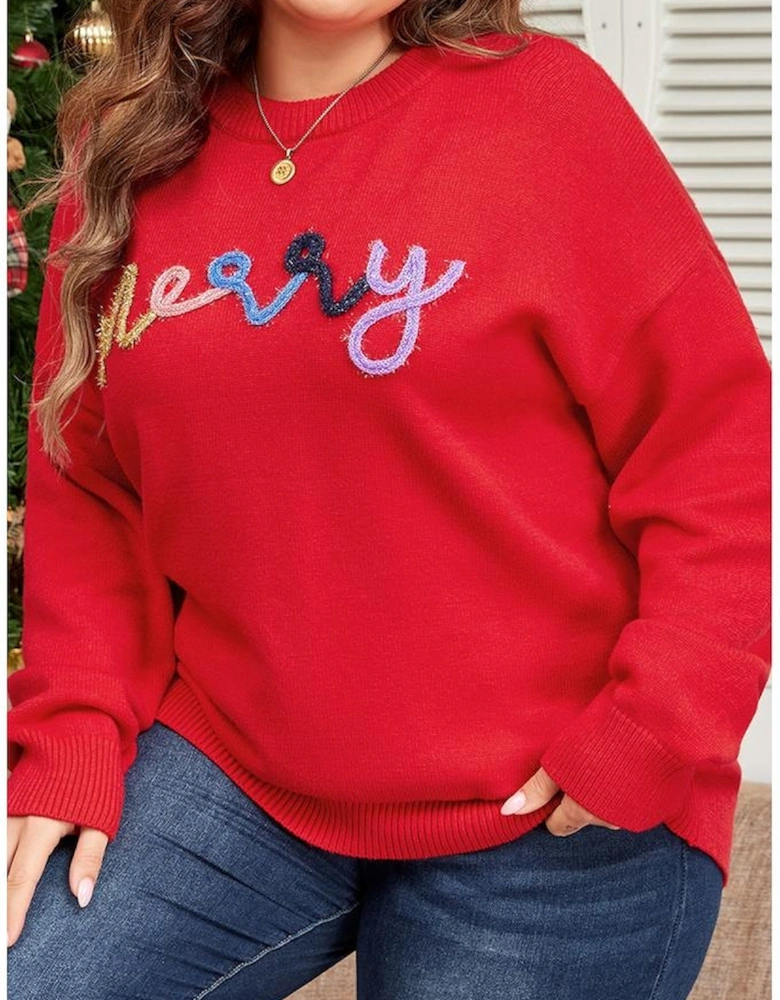 Fiery Red Tinsel merry Pattern Drop Shoulder Plus Size Sweater