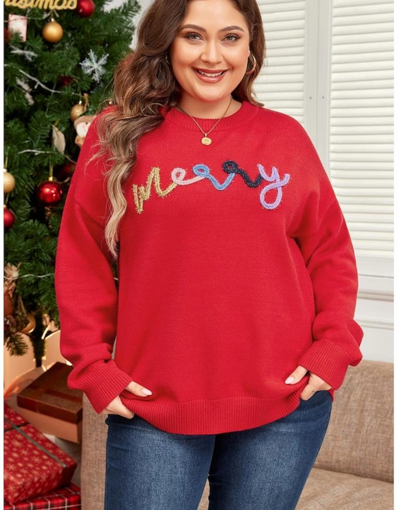 Fiery Red Tinsel merry Pattern Drop Shoulder Plus Size Sweater