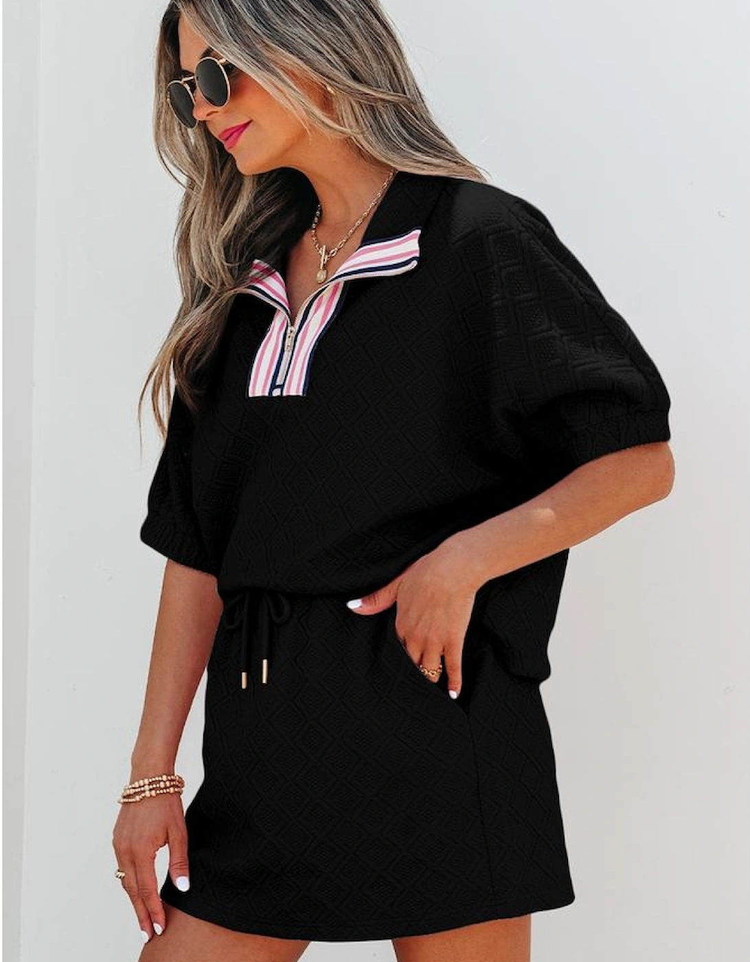 Color black Striped Collared Zip up Textured Skirt Set