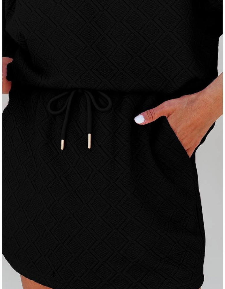 Color black Striped Collared Zip up Textured Skirt Set