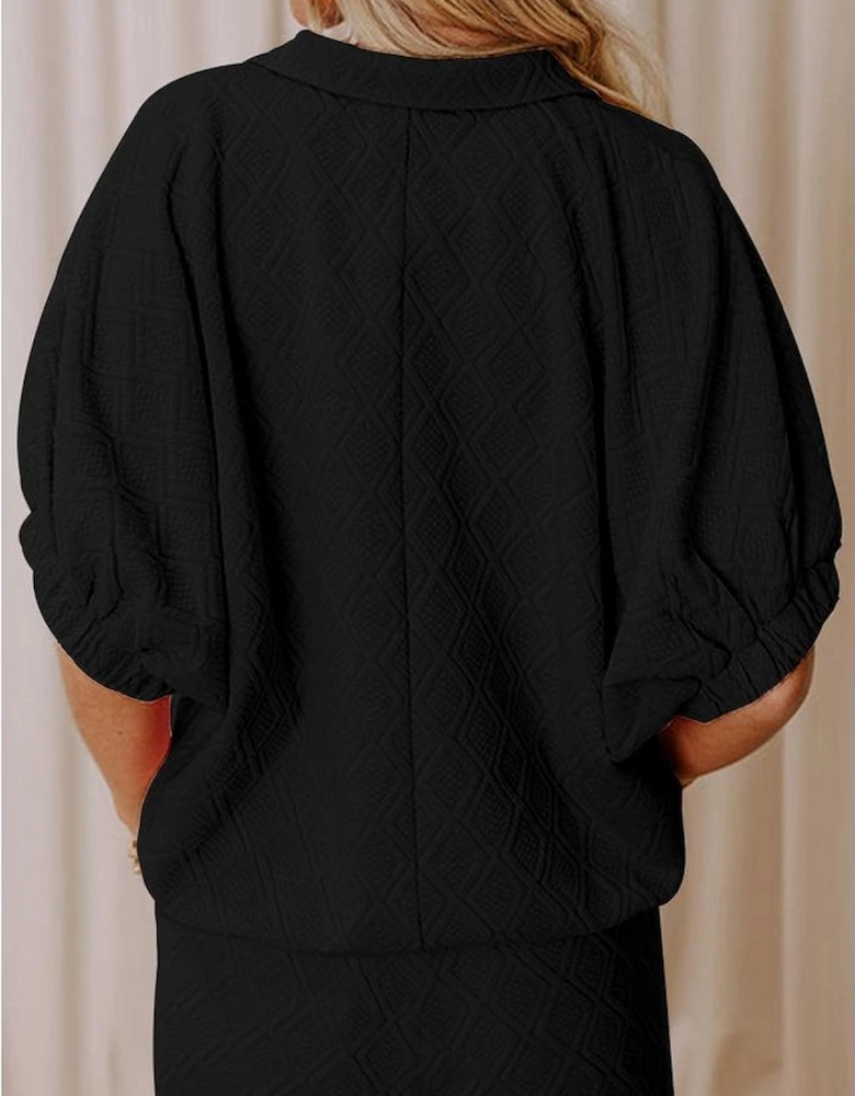 Color black Striped Collared Zip up Textured Skirt Set