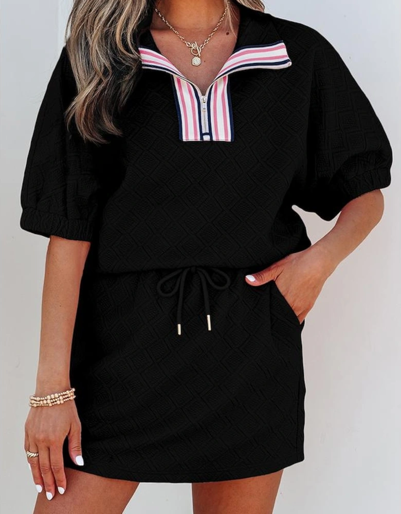 Color black Striped Collared Zip up Textured Skirt Set