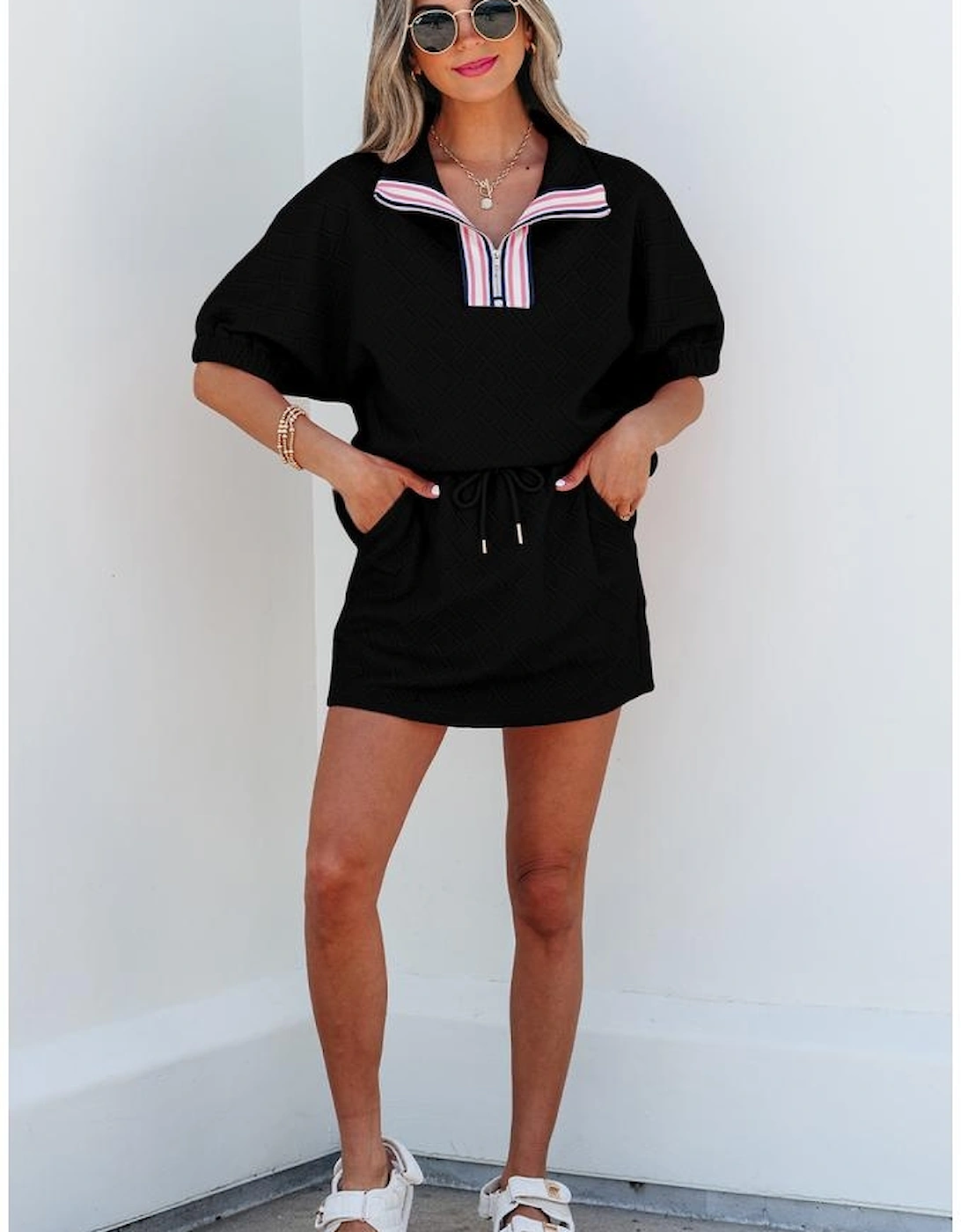 Color black Striped Collared Zip up Textured Skirt Set