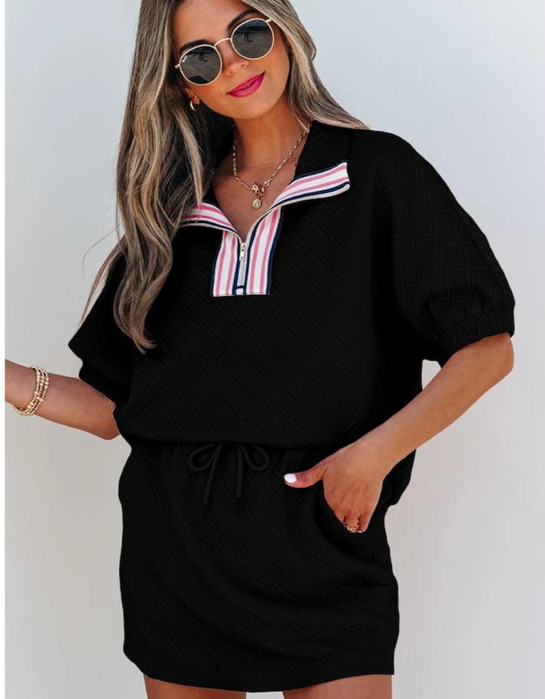 Color black Striped Collared Zip up Textured Skirt Set