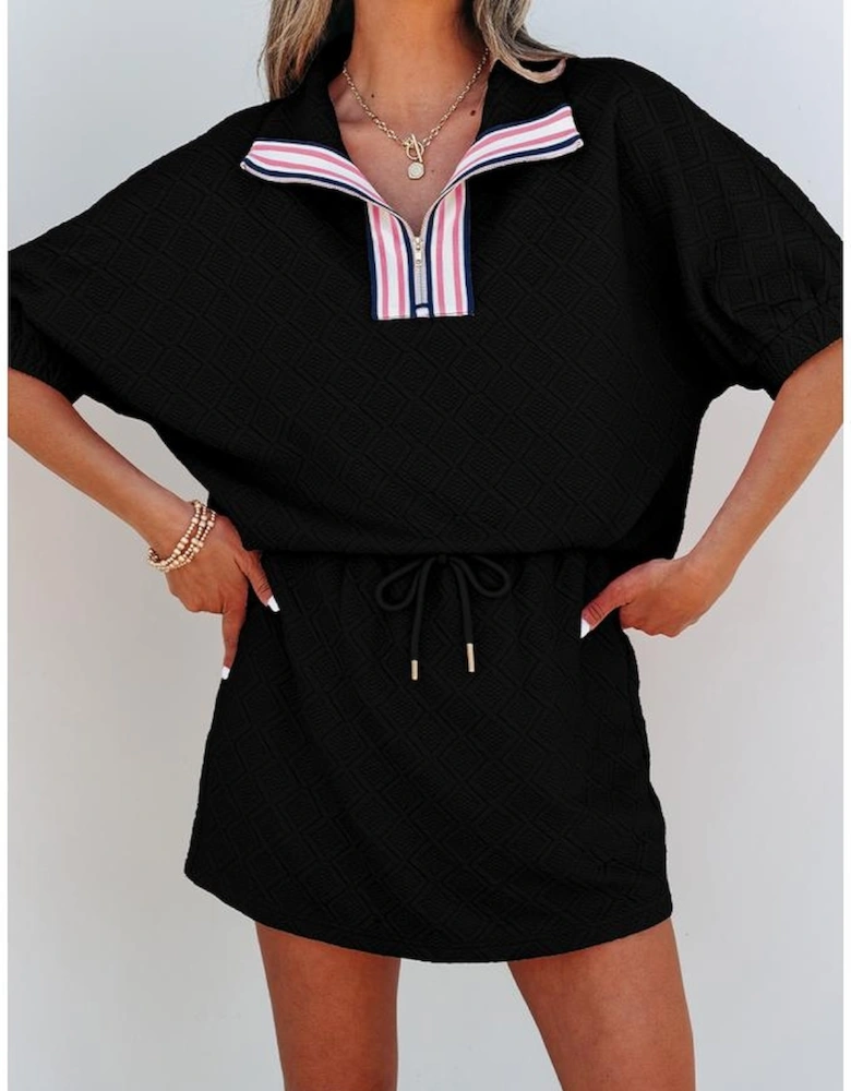 Color black Striped Collared Zip up Textured Skirt Set