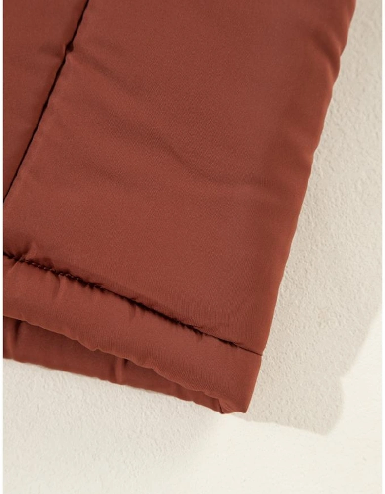 Coffee Quilted Puffer Stand Neck Zipped Mid-length Coat