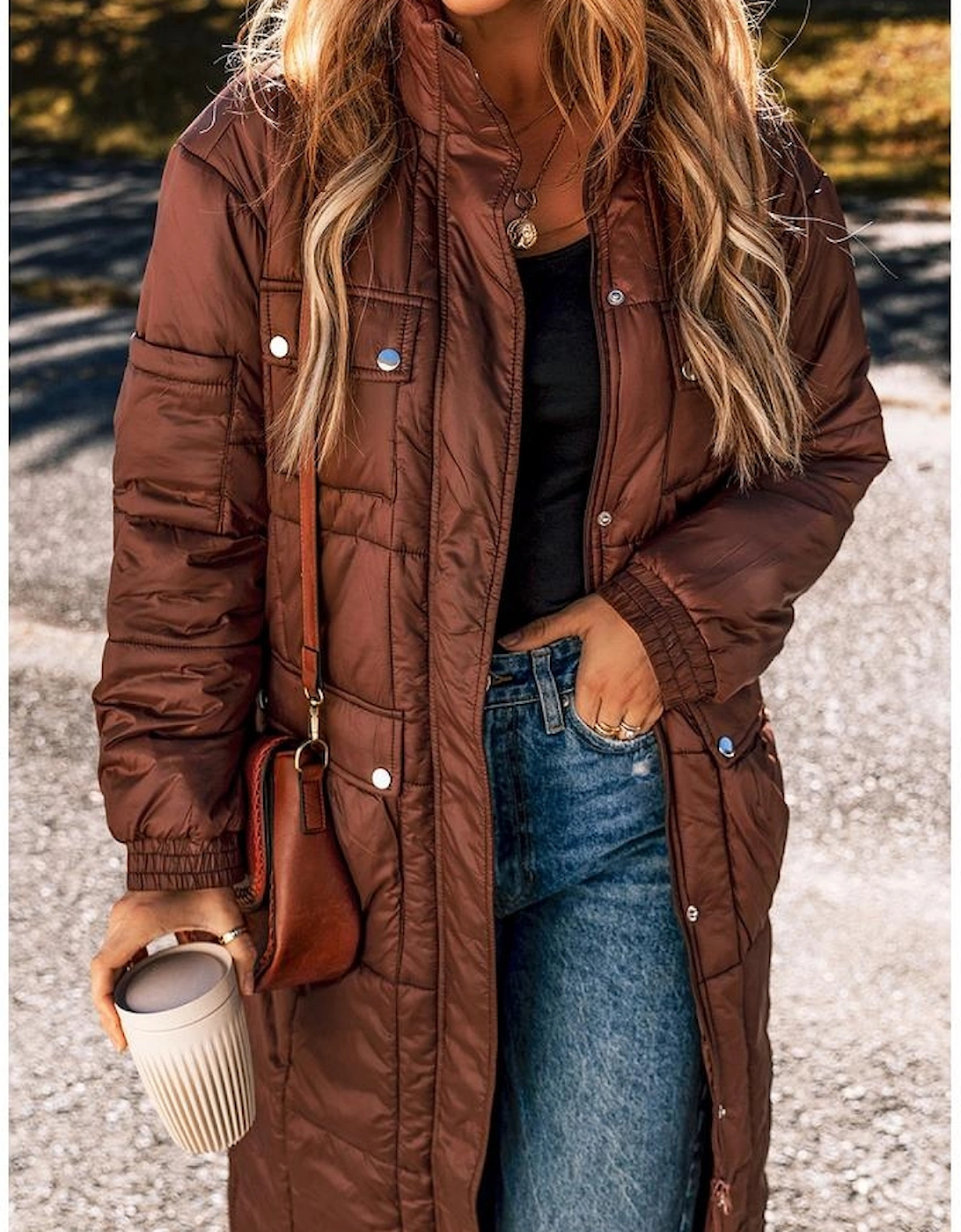 Coffee Quilted Puffer Stand Neck Zipped Mid-length Coat