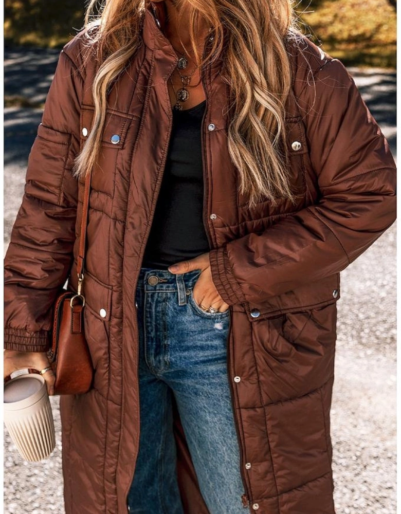 Coffee Quilted Puffer Stand Neck Zipped Mid-length Coat