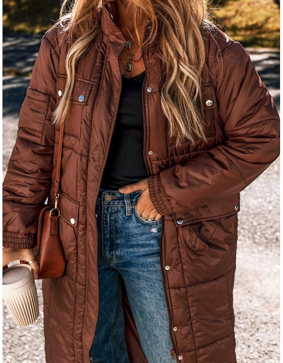 Coffee Quilted Puffer Stand Neck Zipped Mid-length Coat