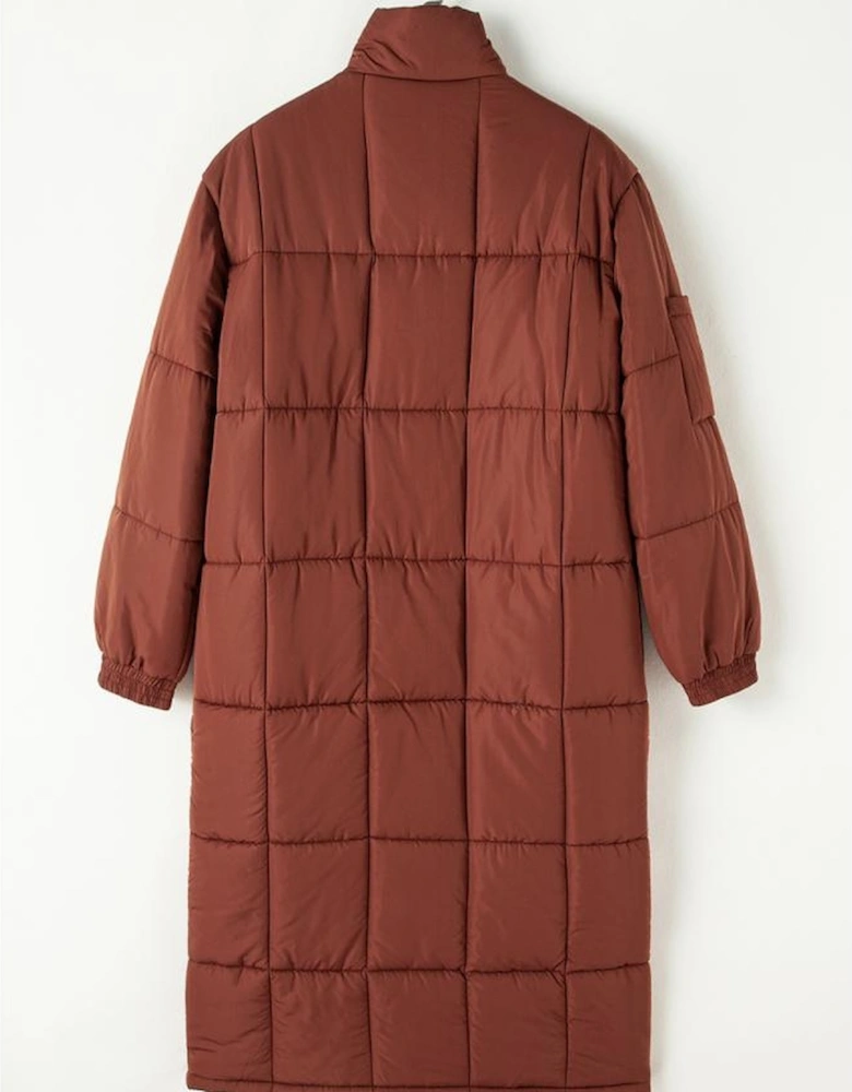 Coffee Quilted Puffer Stand Neck Zipped Mid-length Coat
