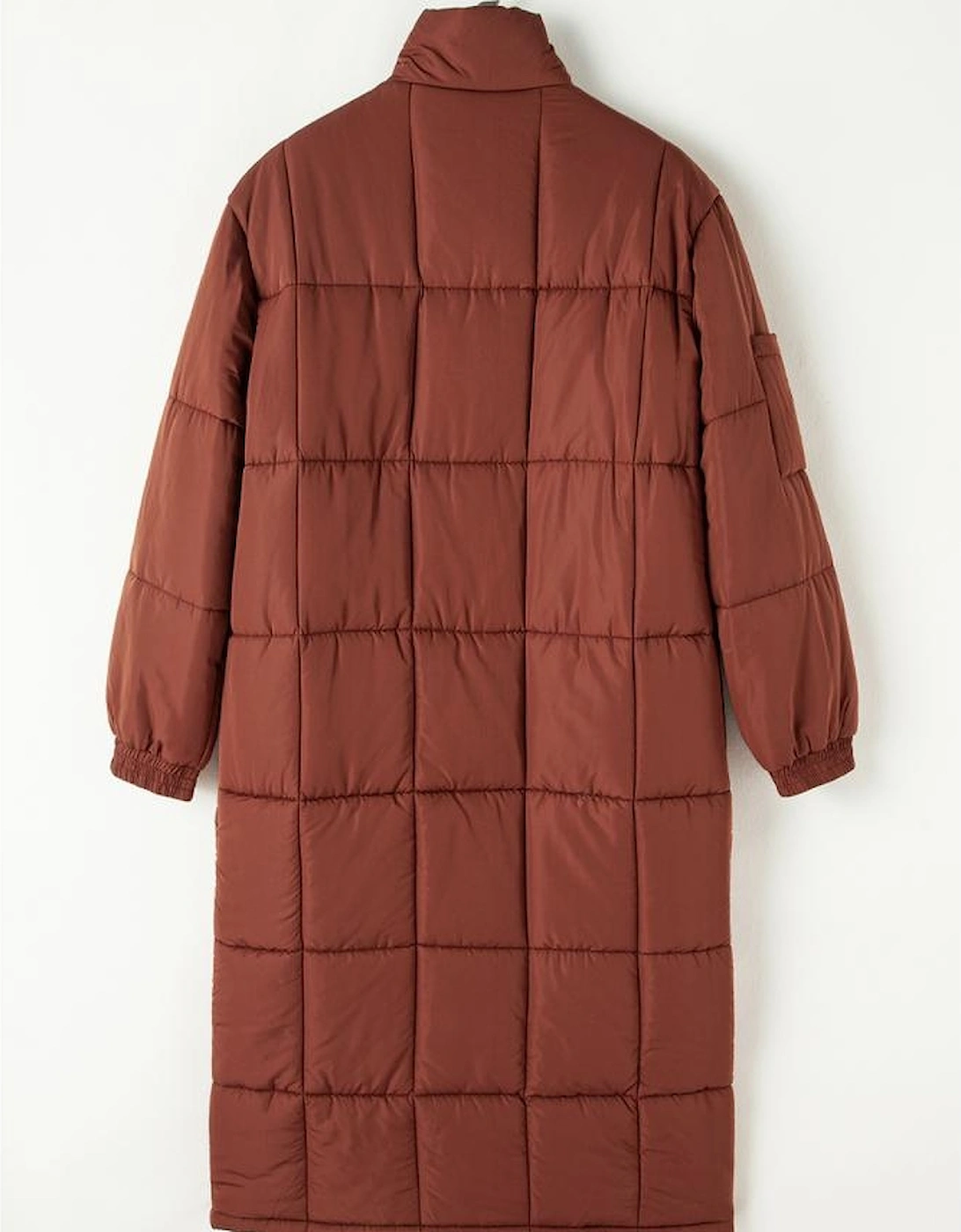 Coffee Quilted Puffer Stand Neck Zipped Mid-length Coat