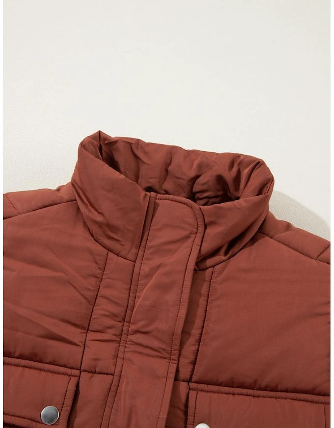 Coffee Quilted Puffer Stand Neck Zipped Mid-length Coat