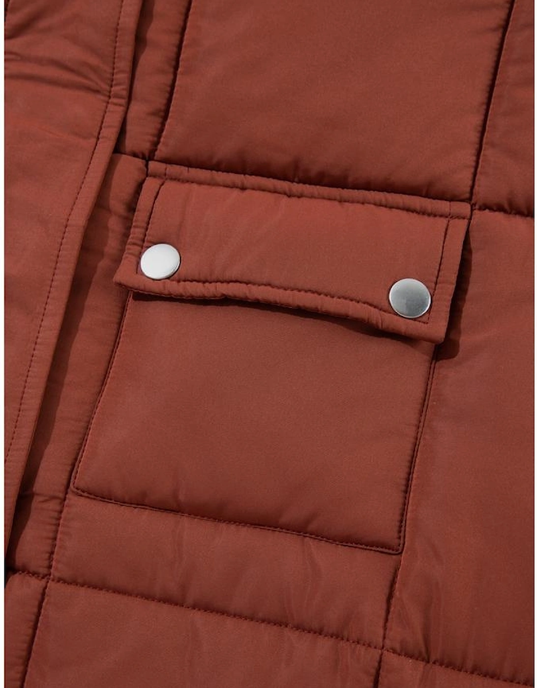 Coffee Quilted Puffer Stand Neck Zipped Mid-length Coat