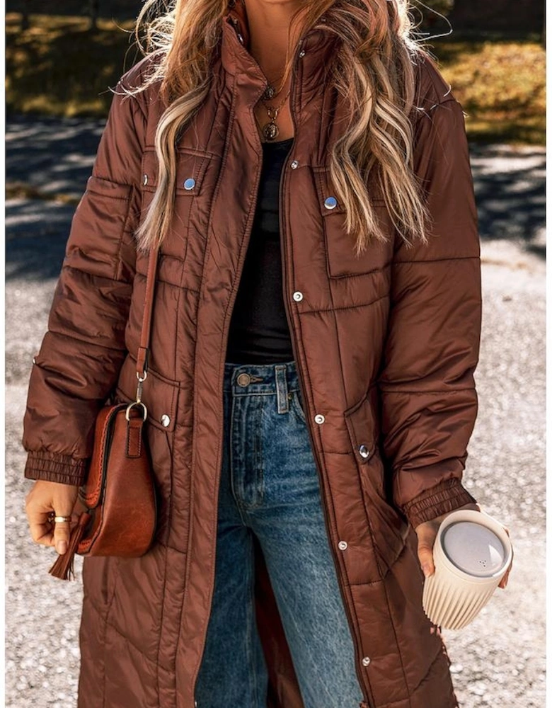 Coffee Quilted Puffer Stand Neck Zipped Mid-length Coat