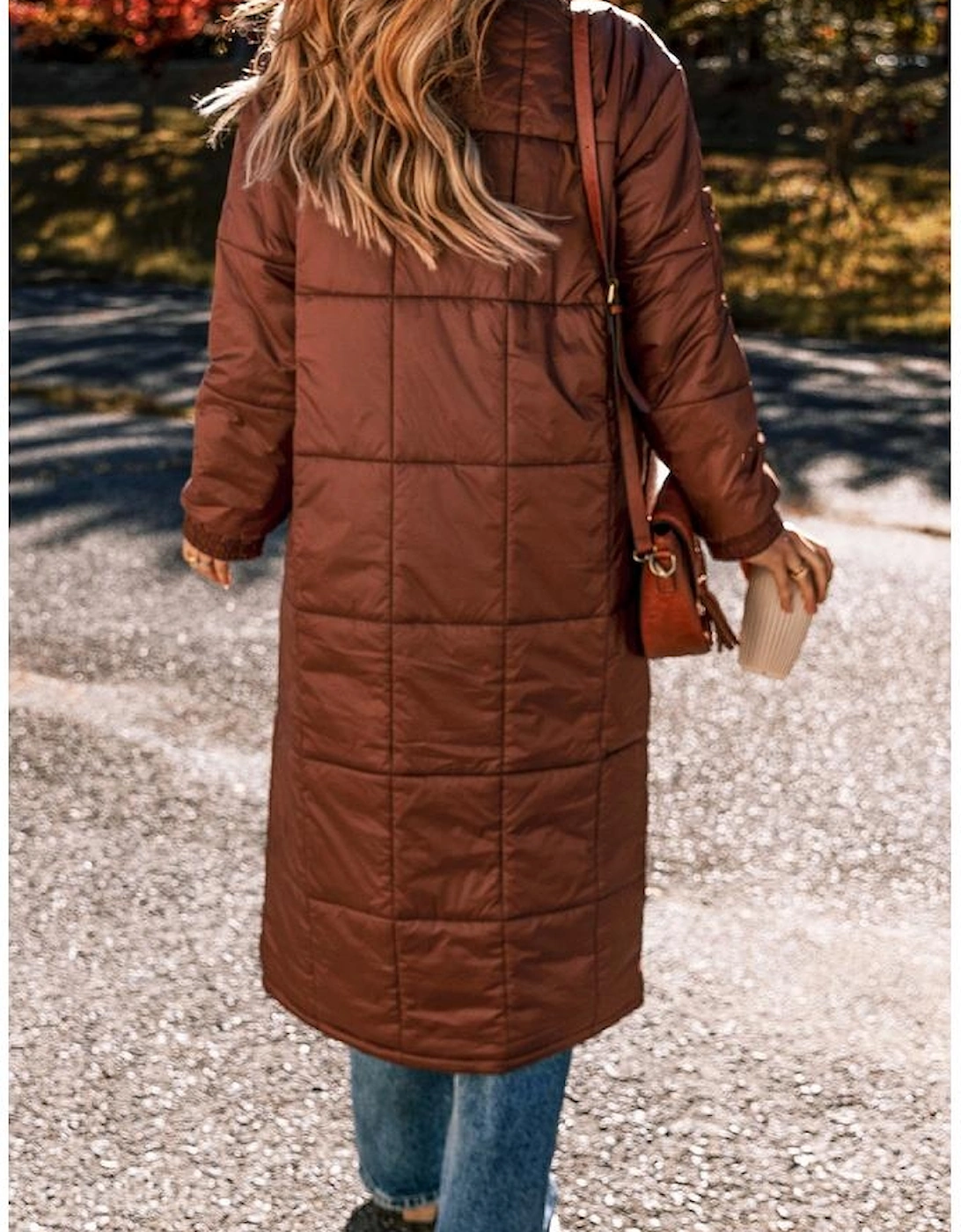 Coffee Quilted Puffer Stand Neck Zipped Mid-length Coat