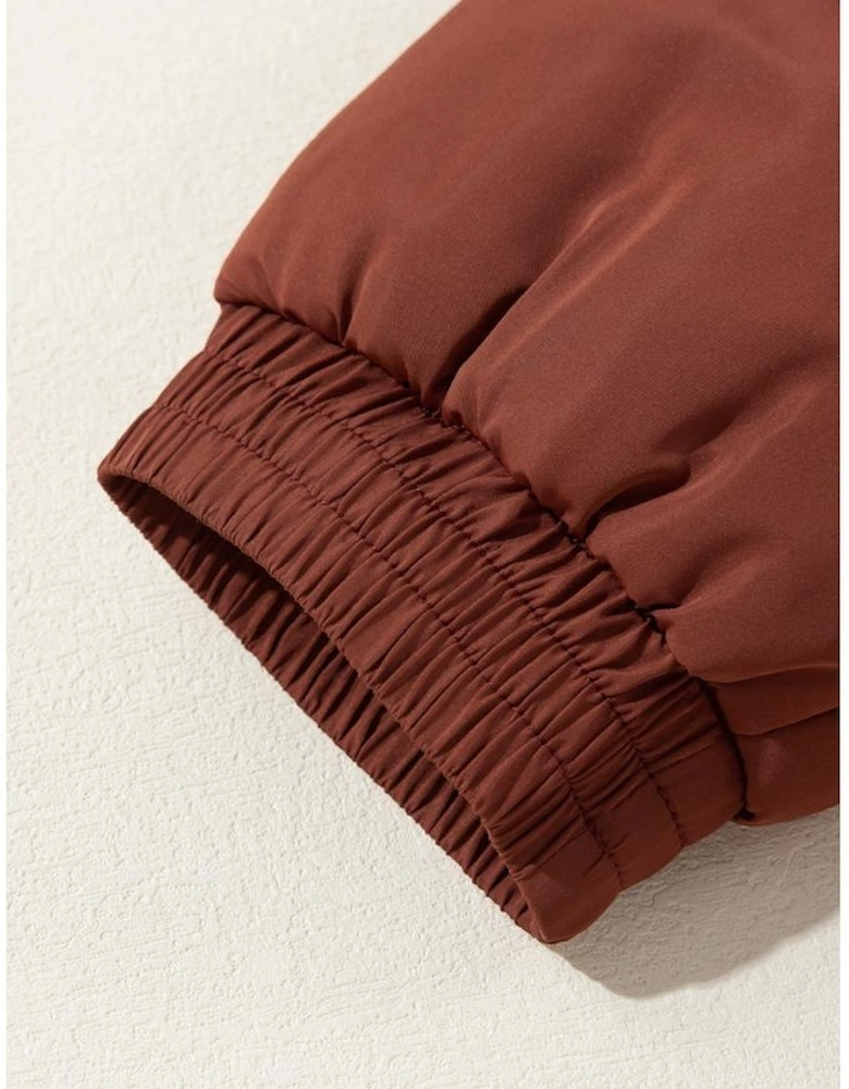 Coffee Quilted Puffer Stand Neck Zipped Mid-length Coat