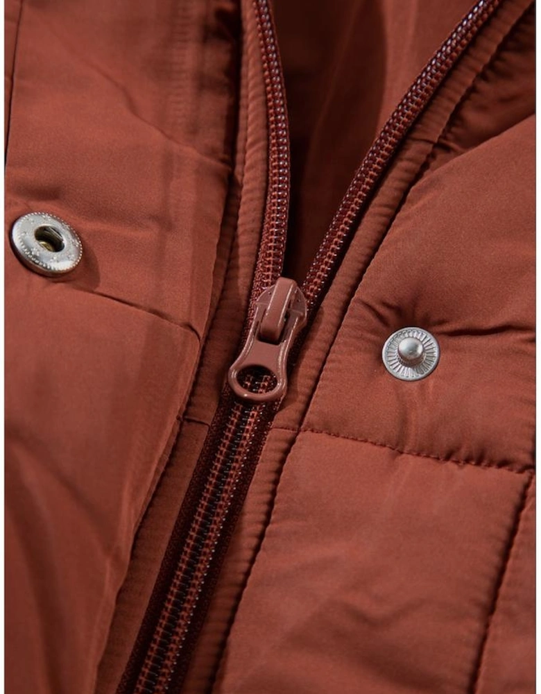 Coffee Quilted Puffer Stand Neck Zipped Mid-length Coat