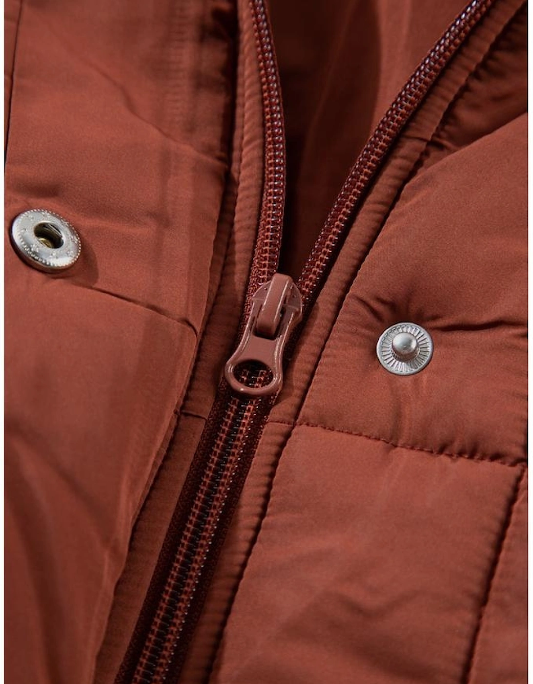 Coffee Quilted Puffer Stand Neck Zipped Mid-length Coat