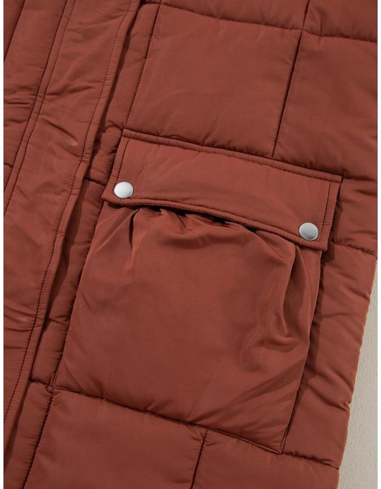 Coffee Quilted Puffer Stand Neck Zipped Mid-length Coat