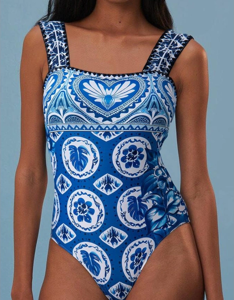Blue Tile Pattern Ricrac Wide Straps Sheath One Piece Swimsuit