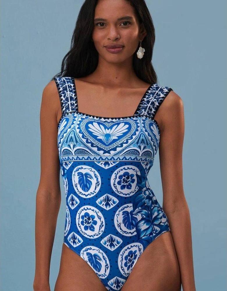 Blue Tile Pattern Ricrac Wide Straps Sheath One Piece Swimsuit