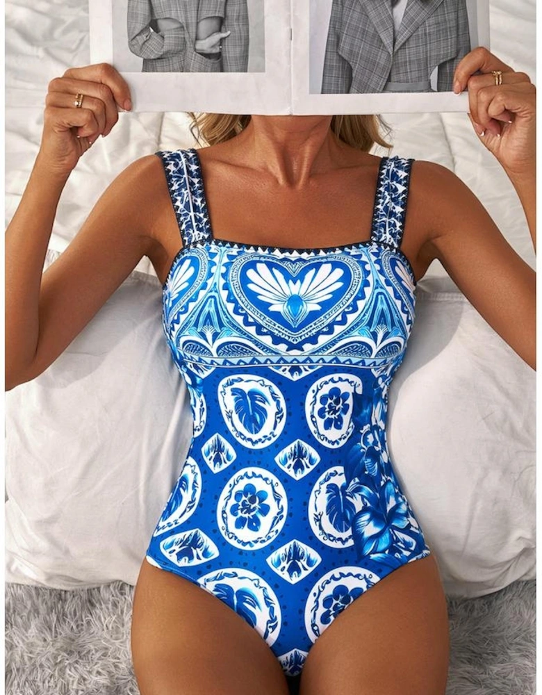 Blue Tile Pattern Ricrac Wide Straps Sheath One Piece Swimsuit