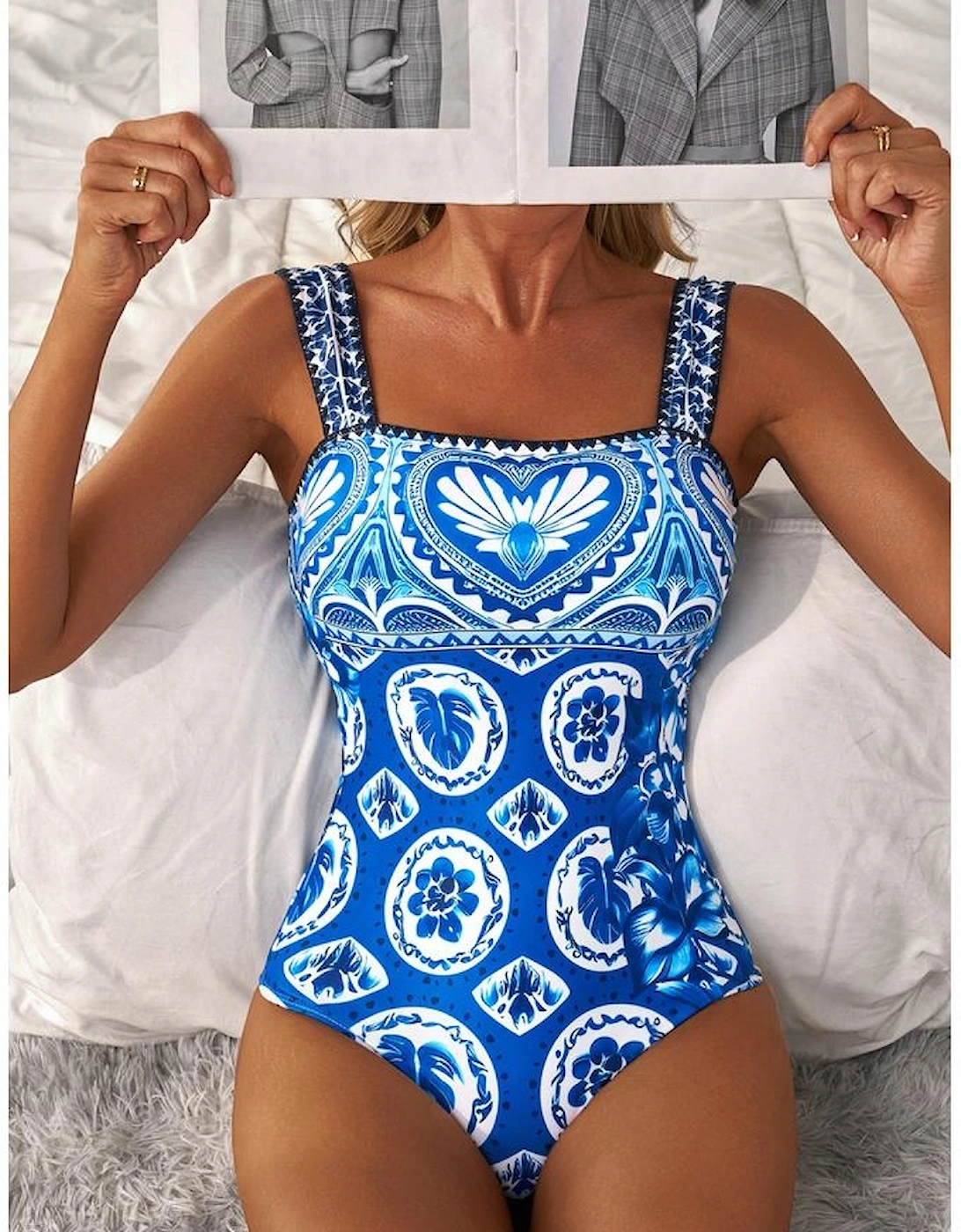 Blue Tile Pattern Ricrac Wide Straps Sheath One Piece Swimsuit