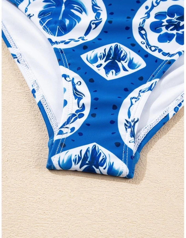 Blue Tile Pattern Ricrac Wide Straps Sheath One Piece Swimsuit