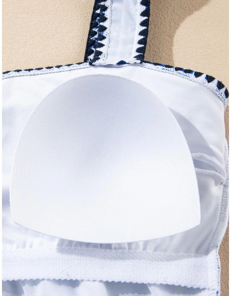 Blue Tile Pattern Ricrac Wide Straps Sheath One Piece Swimsuit