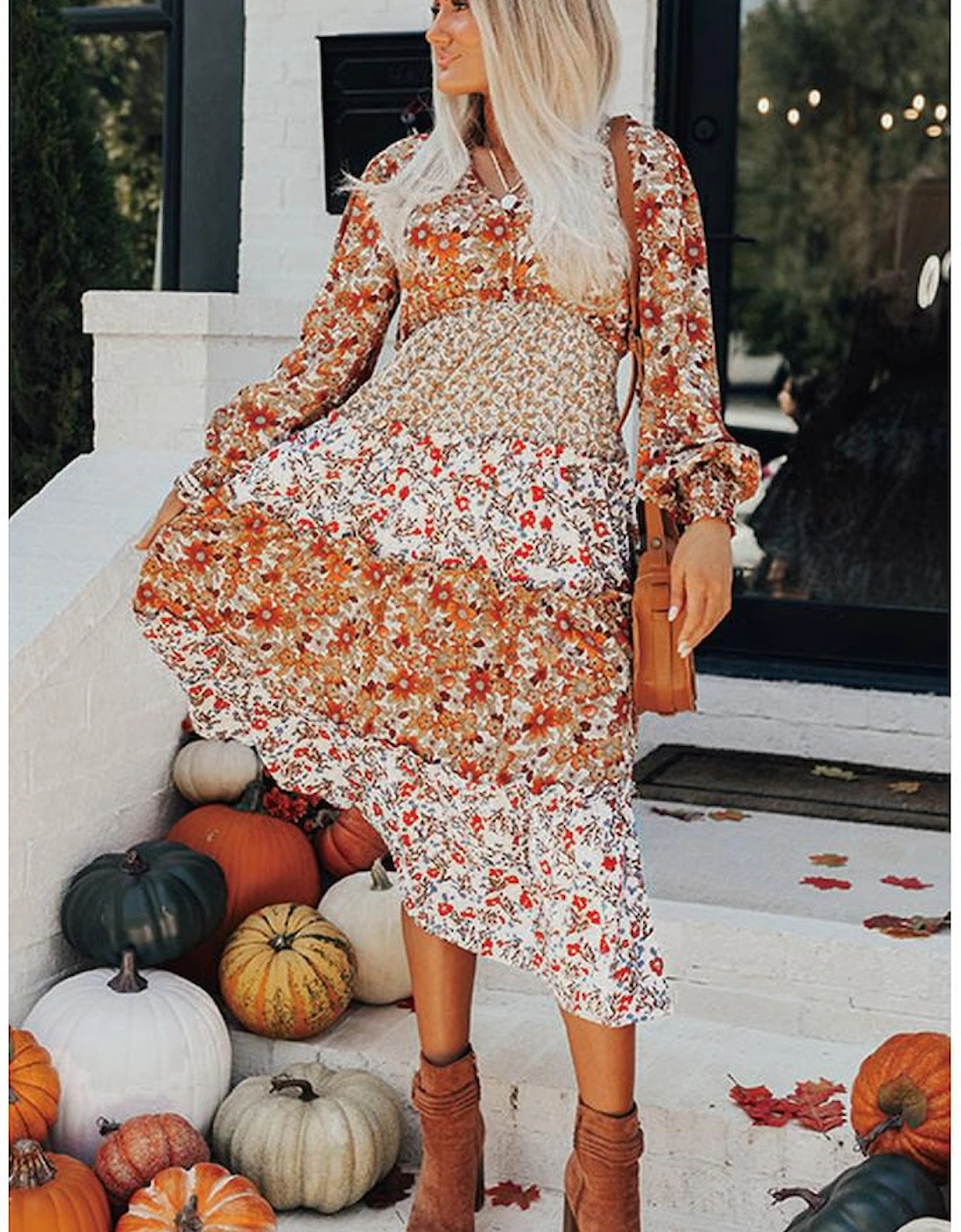 Khaki Floral Print Ruffled Tiered Long Sleeve V Neck Midi Dress, 14 of 13