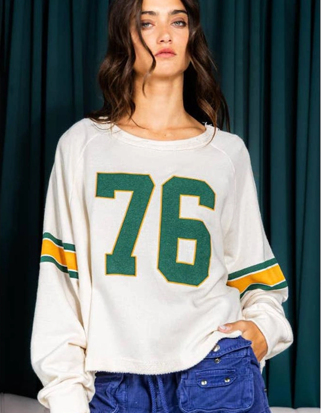 White Number 76 Printed Retro Sporty Long Sleeve Top