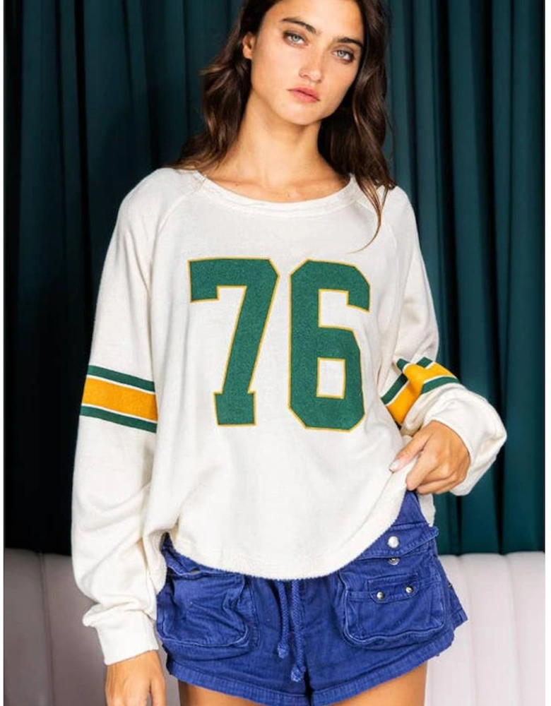 White Number 76 Printed Retro Sporty Long Sleeve Top