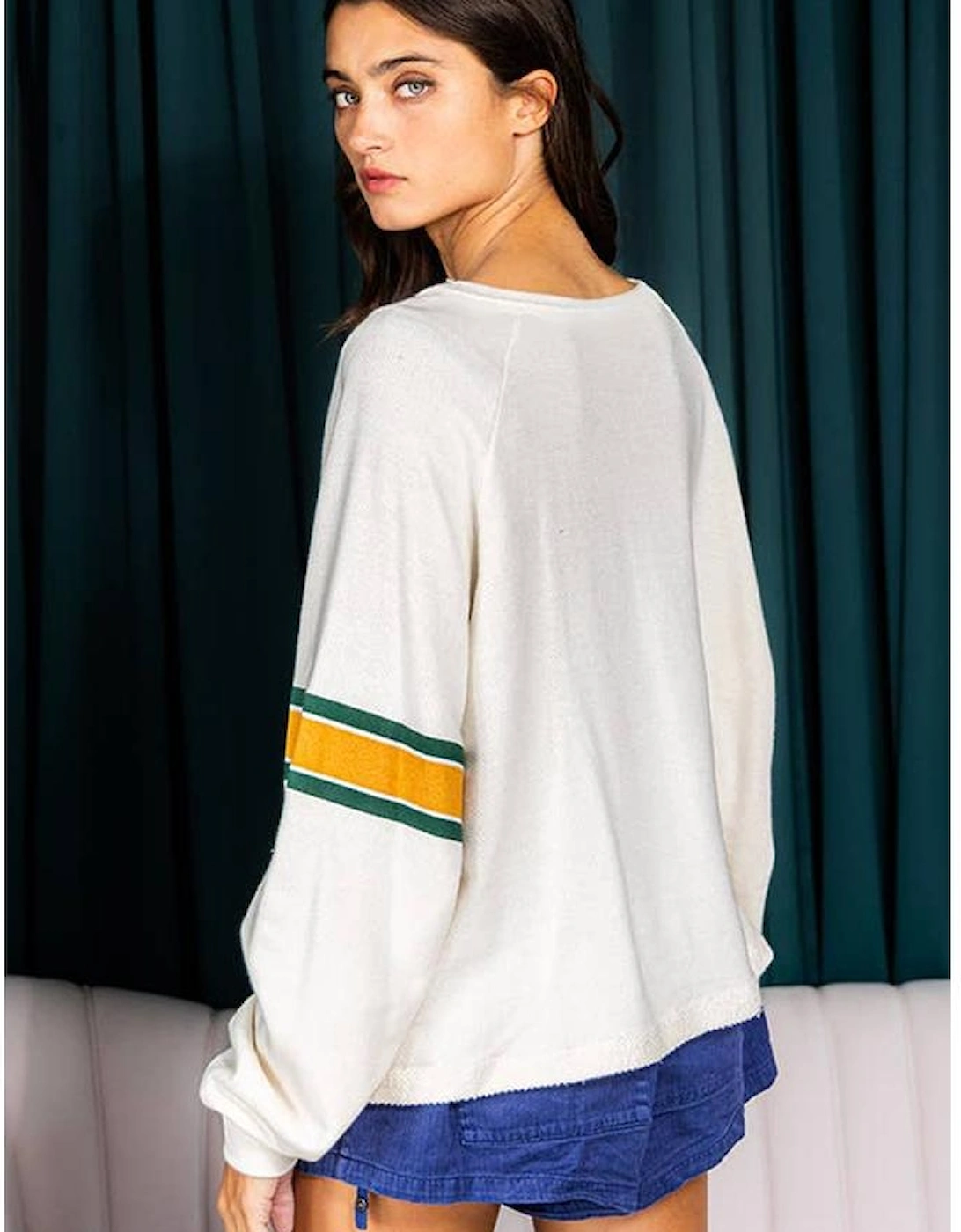 White Number 76 Printed Retro Sporty Long Sleeve Top