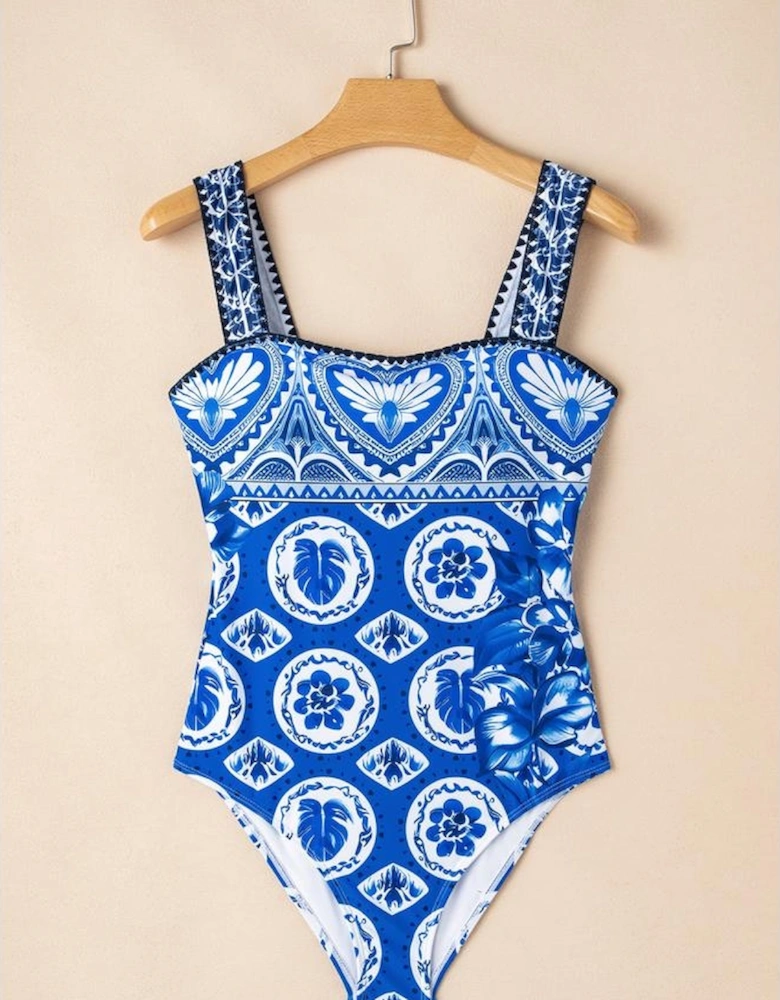 Blue Tile Pattern Ricrac Wide Straps Sheath One Piece Swimsuit