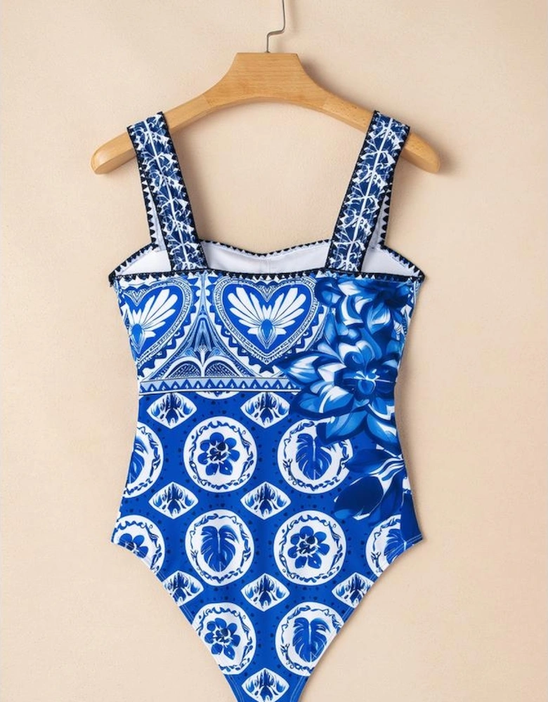 Blue Tile Pattern Ricrac Wide Straps Sheath One Piece Swimsuit