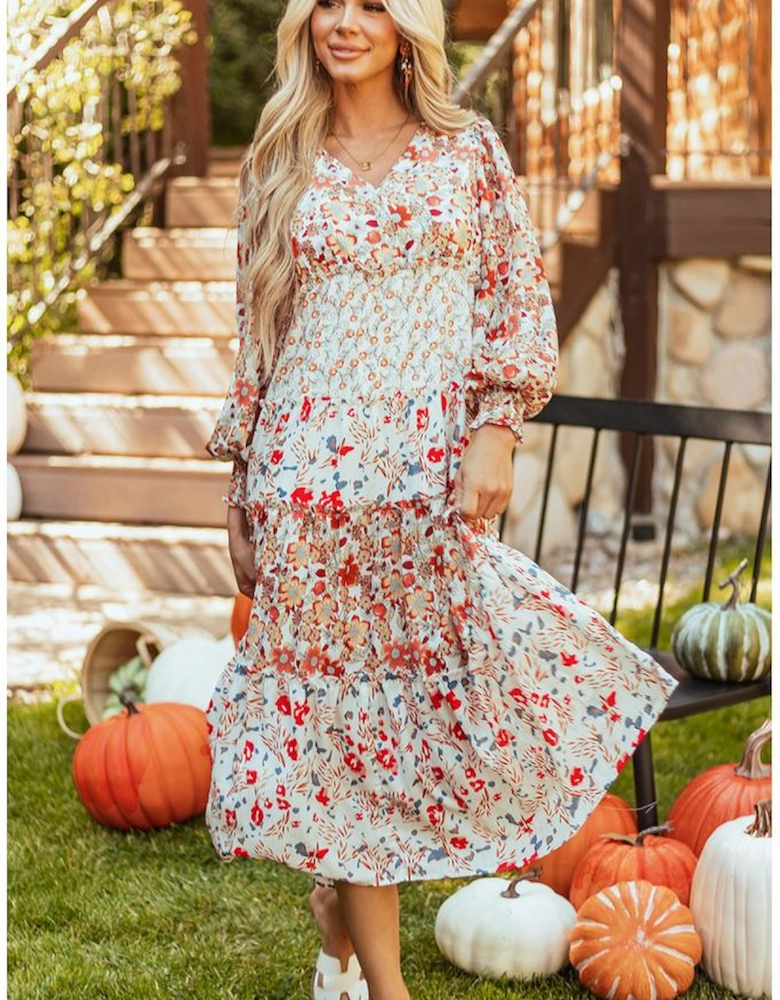 Khaki Floral Print Ruffled Tiered Long Sleeve V Neck Midi Dress