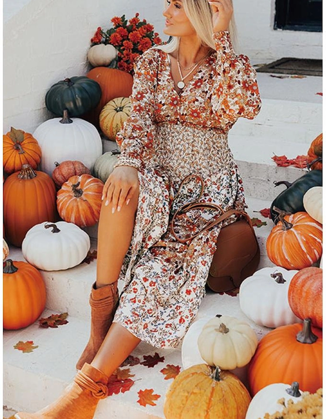 Khaki Floral Print Ruffled Tiered Long Sleeve V Neck Midi Dress