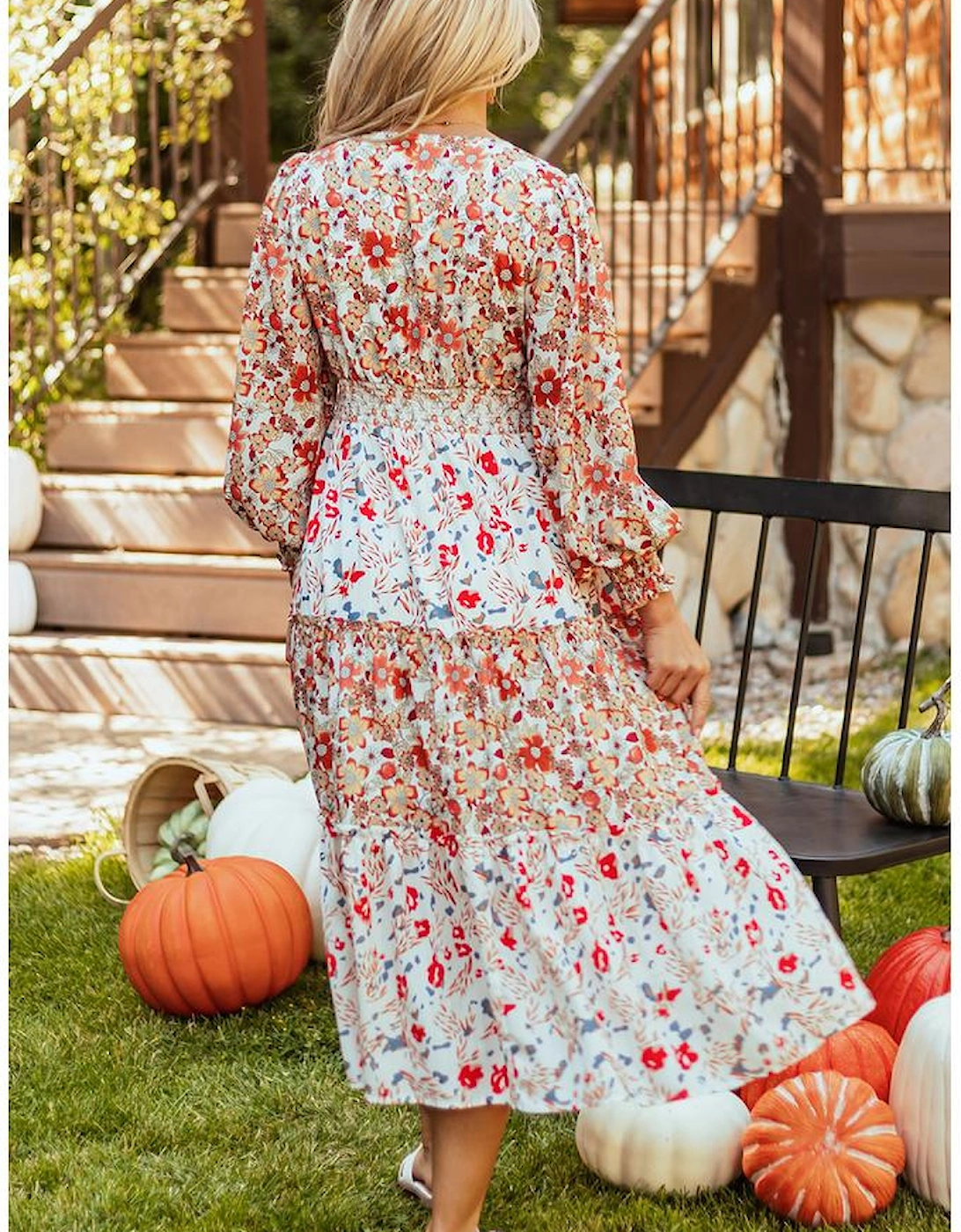 Khaki Floral Print Ruffled Tiered Long Sleeve V Neck Midi Dress