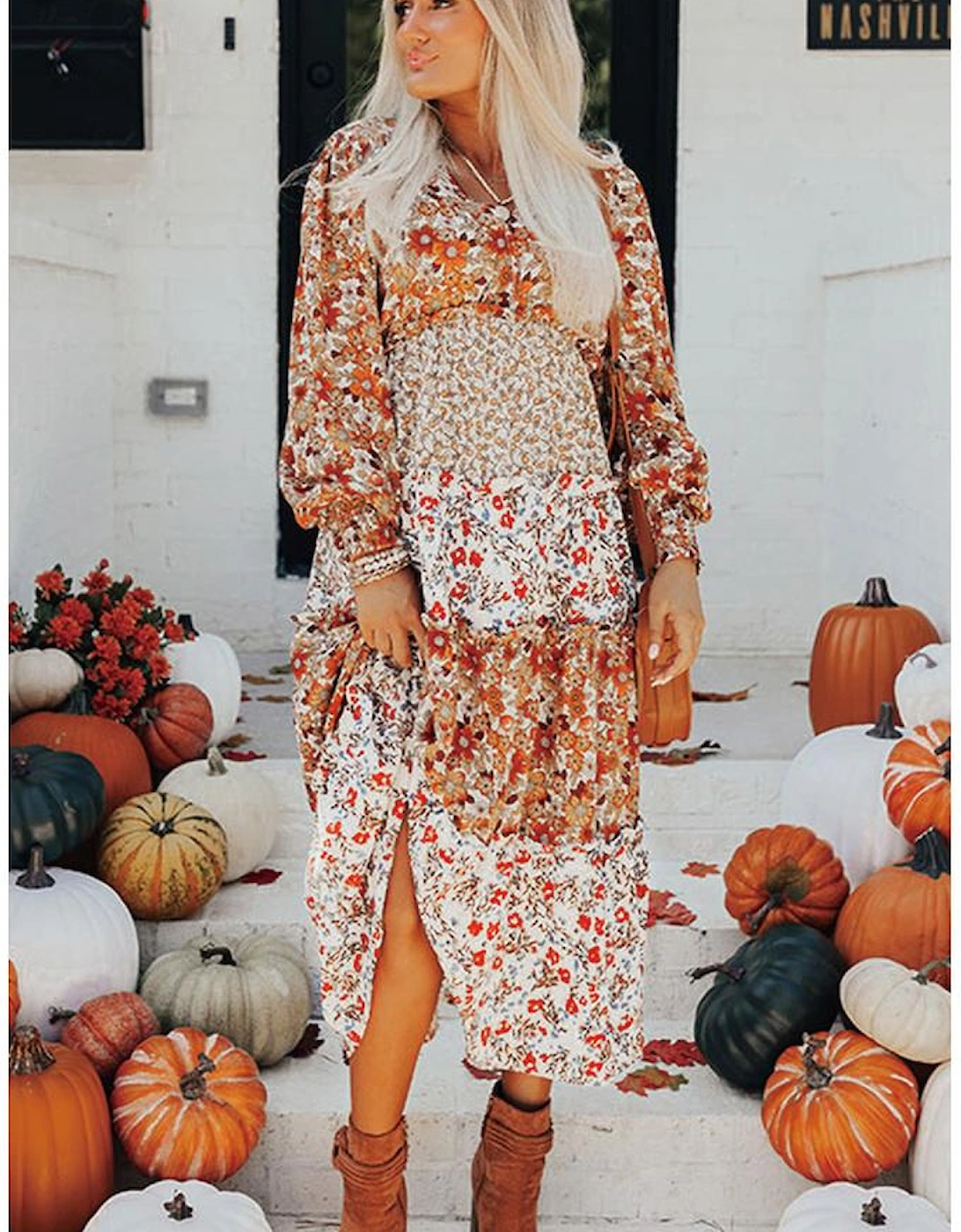 Khaki Floral Print Ruffled Tiered Long Sleeve V Neck Midi Dress