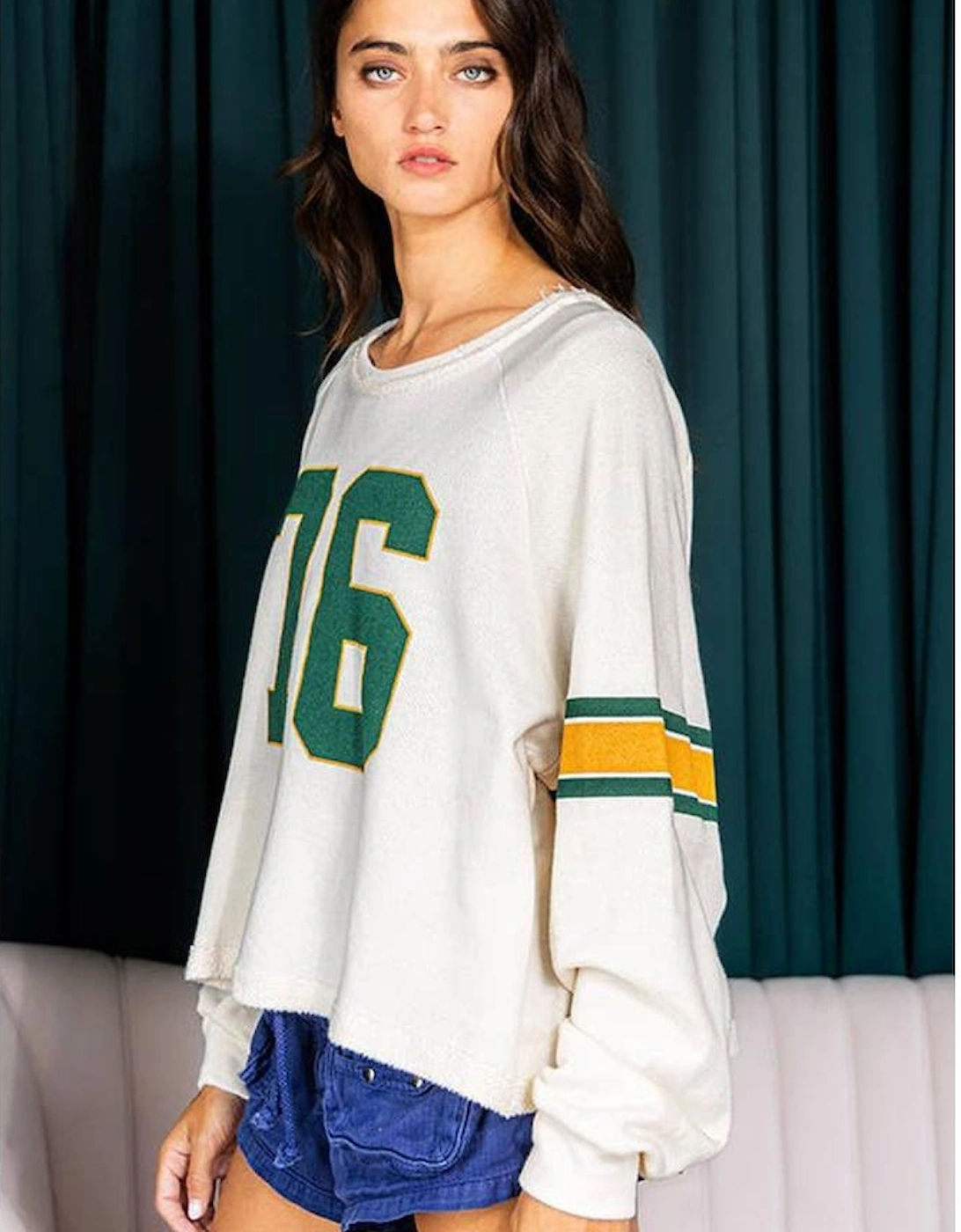 White Number 76 Printed Retro Sporty Long Sleeve Top