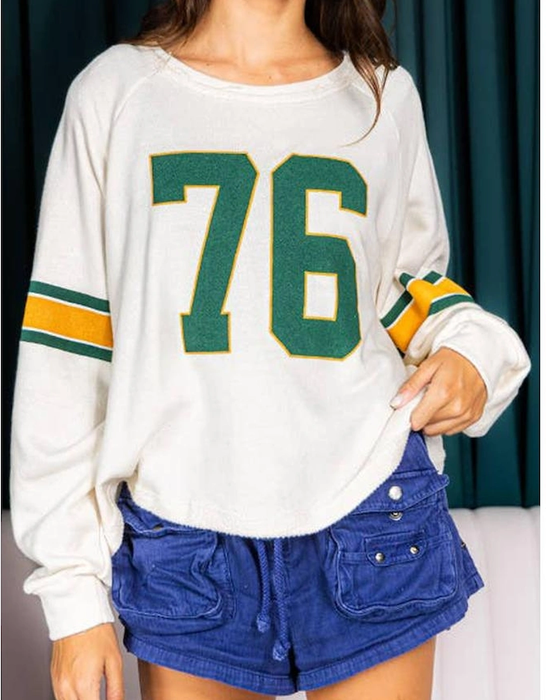 White Number 76 Printed Retro Sporty Long Sleeve Top