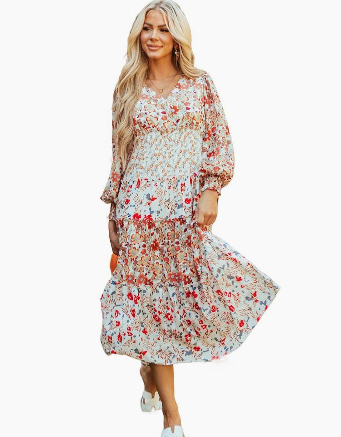 Khaki Floral Print Ruffled Tiered Long Sleeve V Neck Midi Dress