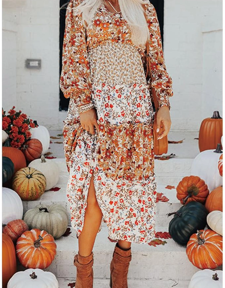 Khaki Floral Print Ruffled Tiered Long Sleeve V Neck Midi Dress