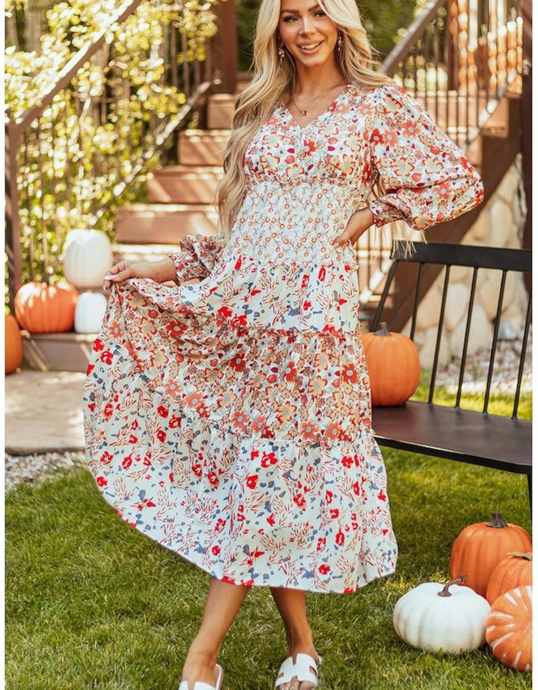 Khaki Floral Print Ruffled Tiered Long Sleeve V Neck Midi Dress