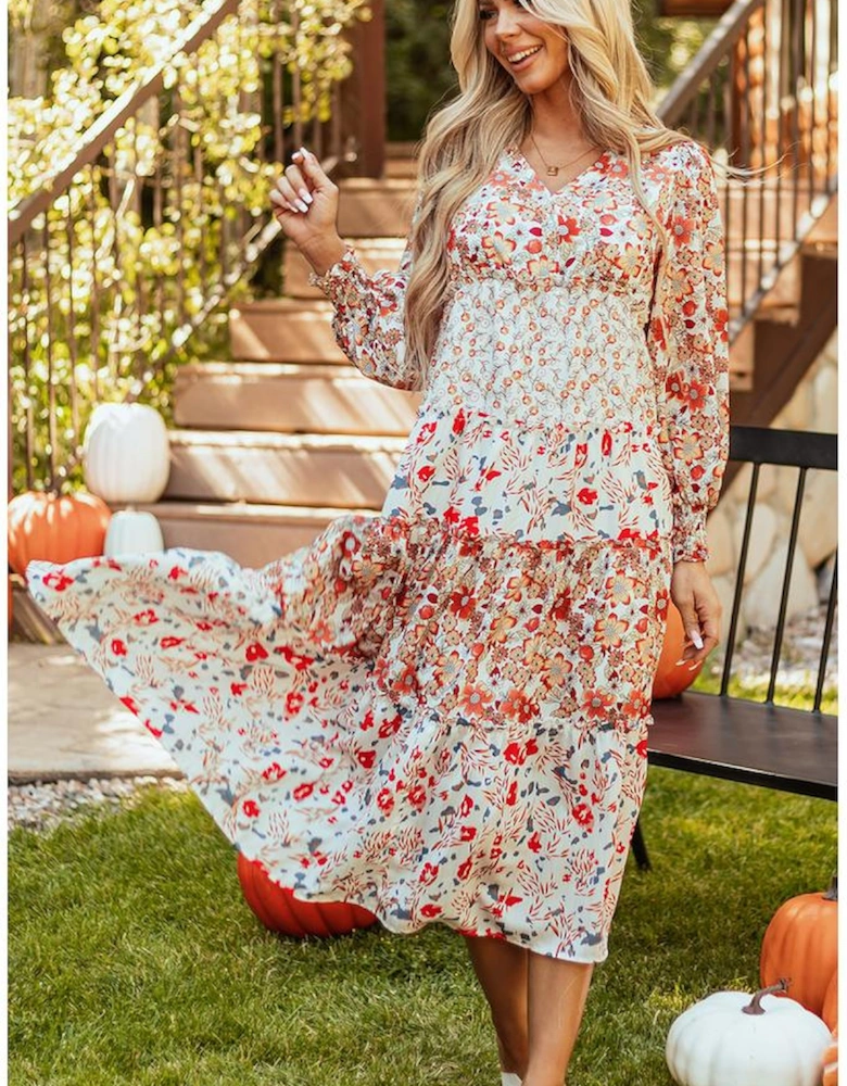 Khaki Floral Print Ruffled Tiered Long Sleeve V Neck Midi Dress