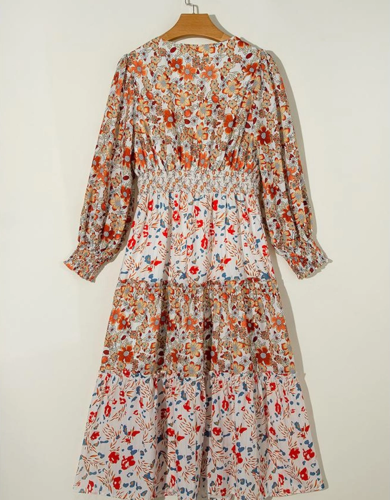 Khaki Floral Print Ruffled Tiered Long Sleeve V Neck Midi Dress
