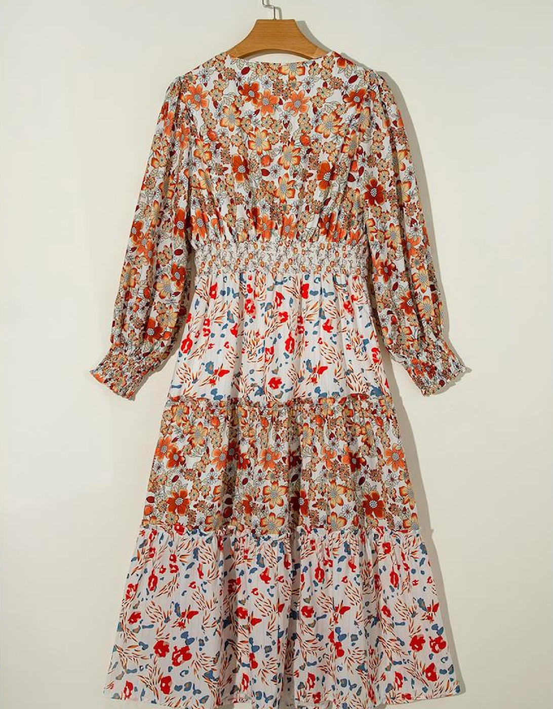 Khaki Floral Print Ruffled Tiered Long Sleeve V Neck Midi Dress