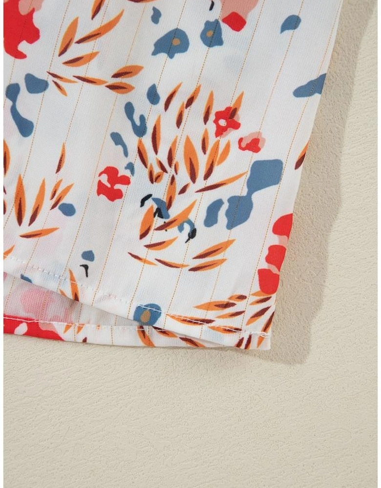 Khaki Floral Print Ruffled Tiered Long Sleeve V Neck Midi Dress