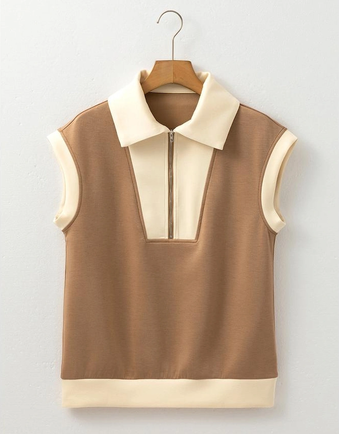 Simply Taupe Half Zipper Collared Colorblock Short Sleeve Top