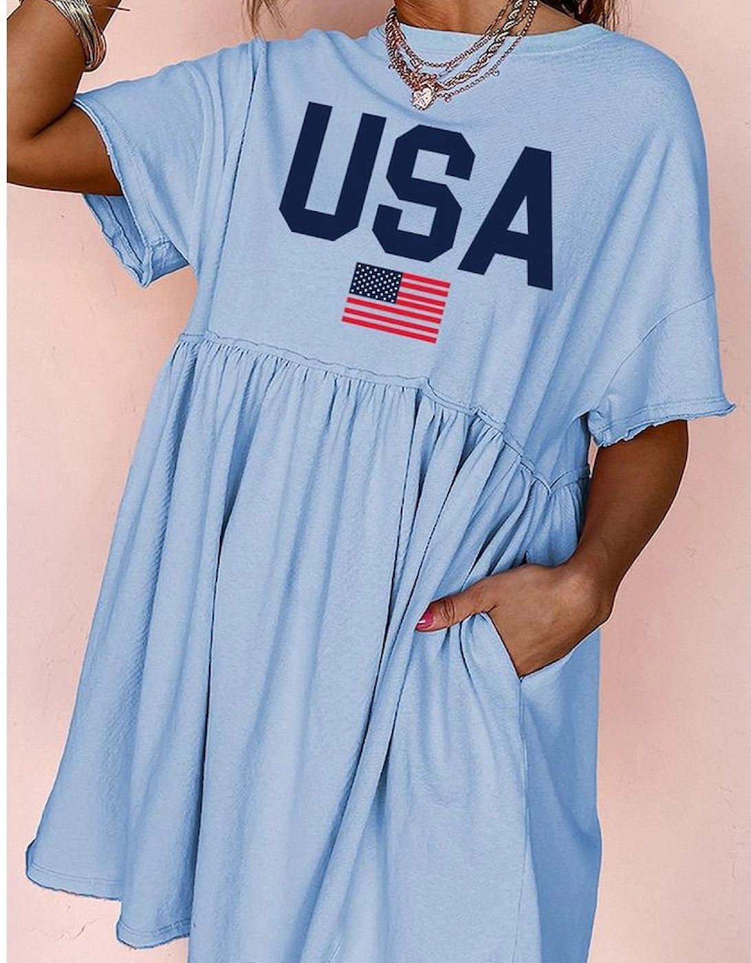Sky Blue USA Flag Print Short Sleeve High Waist Babydoll Dress